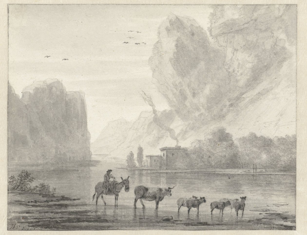 Rocky River Landskab med en hyrde med hans kvæg og får af Hendrik van der Straaten