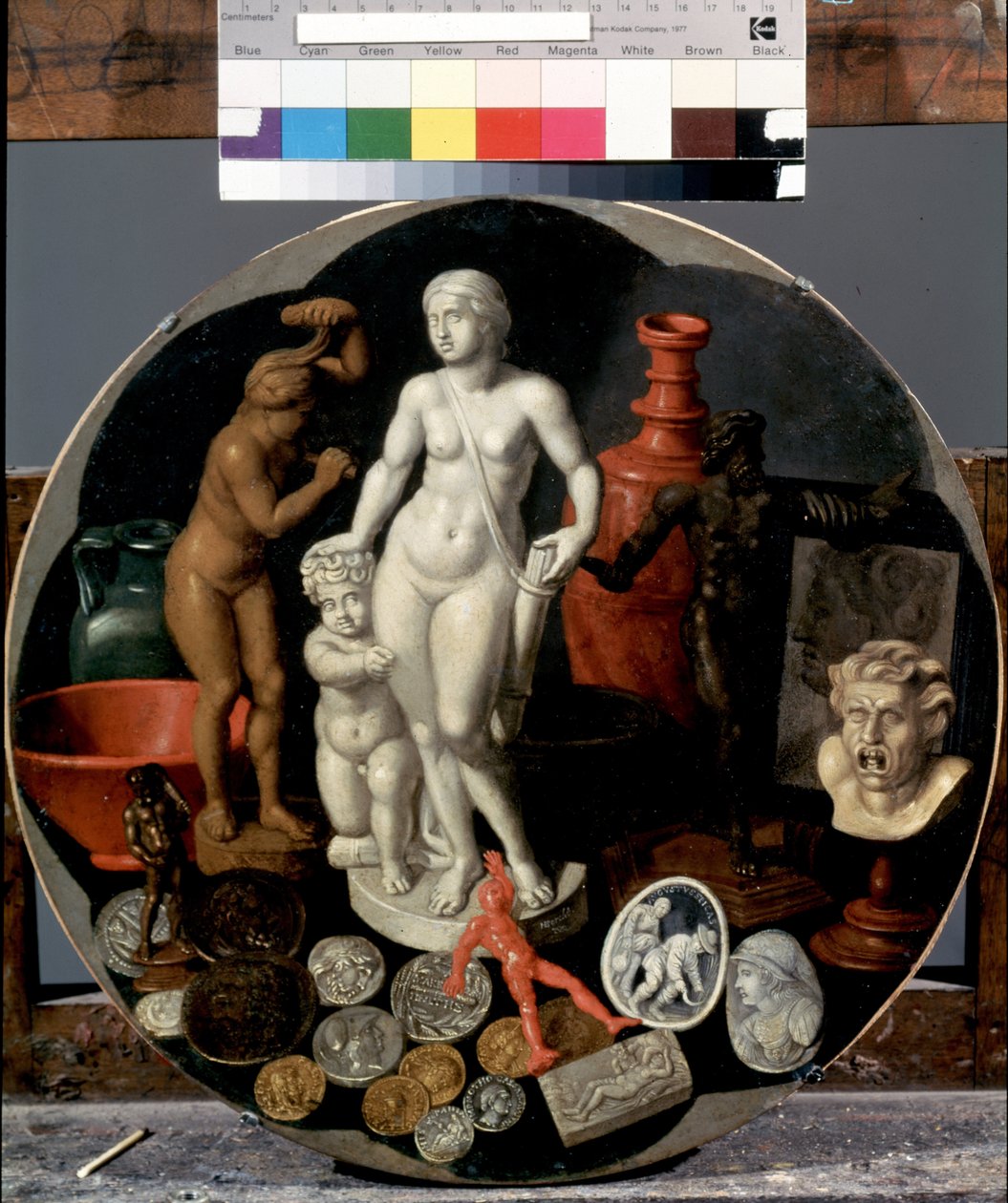 ""Still Life with a Collection of Curiosities"" (Still Life with a Collection of Curiosities) Kunstnerens samling af usædvanlige genstande, herunder en marmorstatue af Diana, medaljer, små skulpturelle genstande. Maleri af Hendrik van der af Hendrik van der the younger Borcht