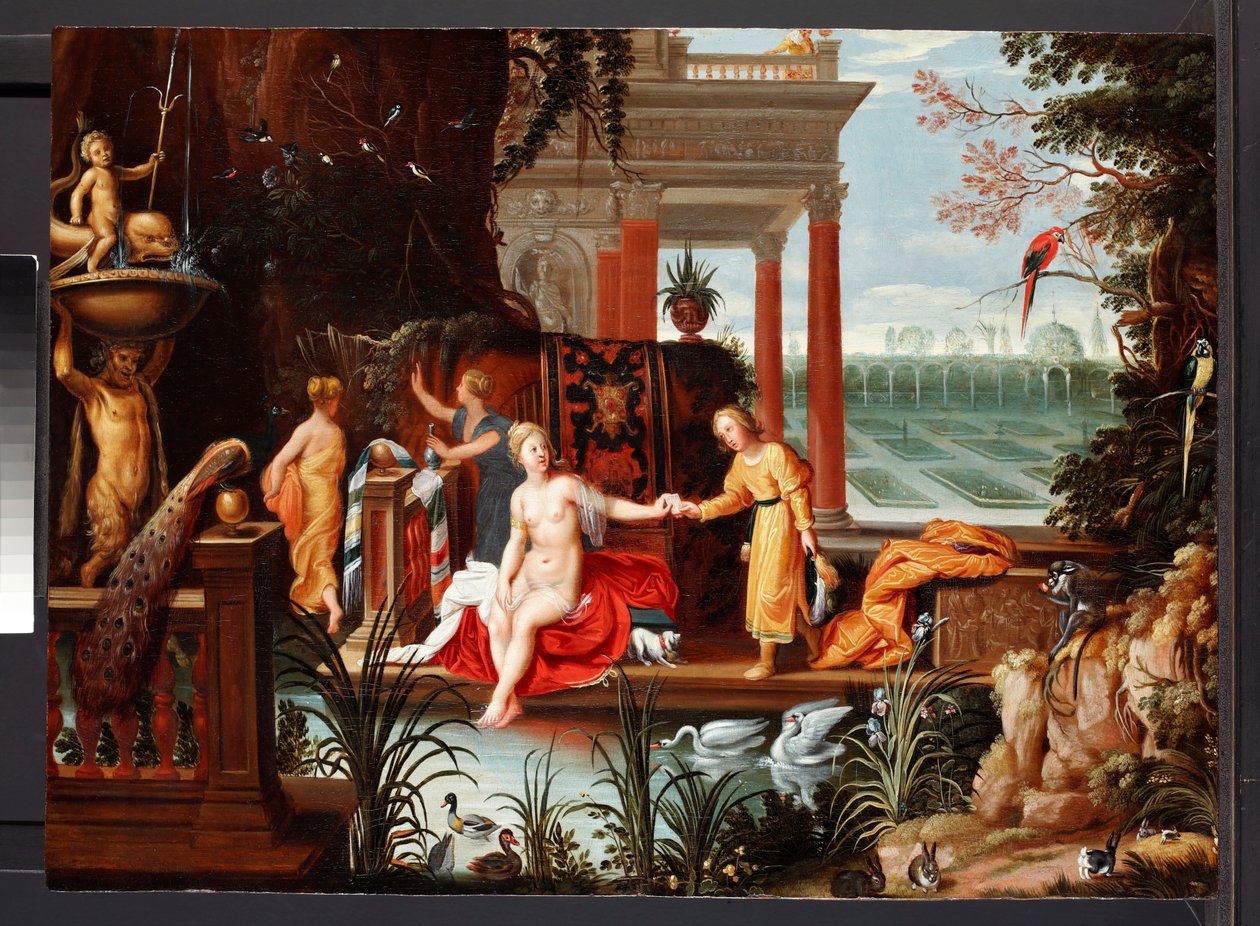 Bathsheba ved poolen med sine tjenere, ca. 1600-42 (olie på panel) af Hendrik van the Elder (circle of) Balen