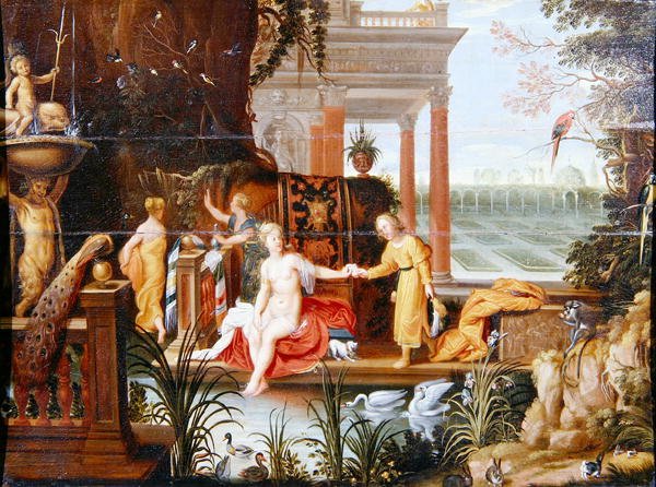 Bathsheba ved poolen med sine ledsagere (olie på panel) af Hendrik van the Elder Balen