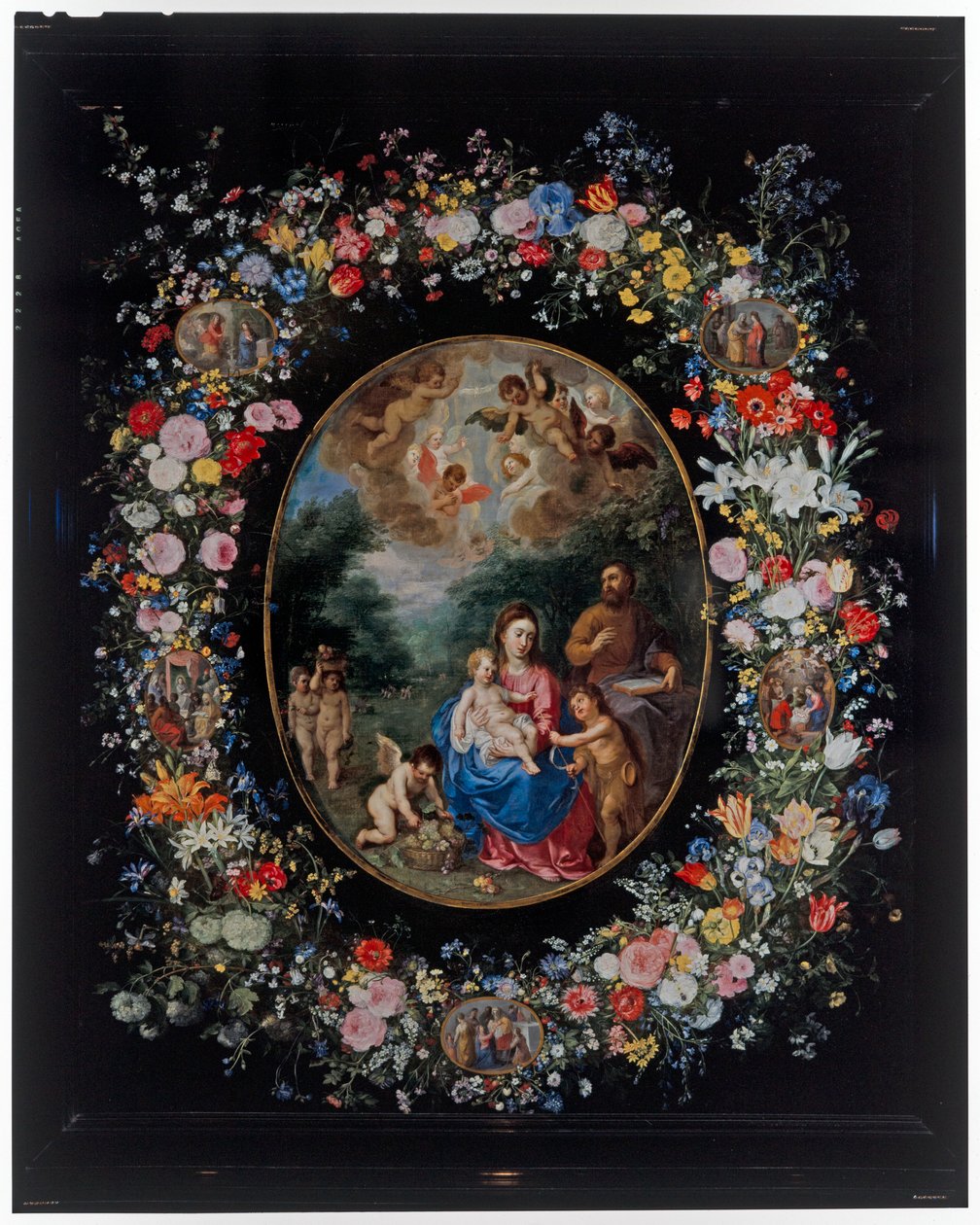 Den hellige familie og spædbarnet Sankt Johannes Døberen og engle i et landskab af Hendrik van the Elder Balen