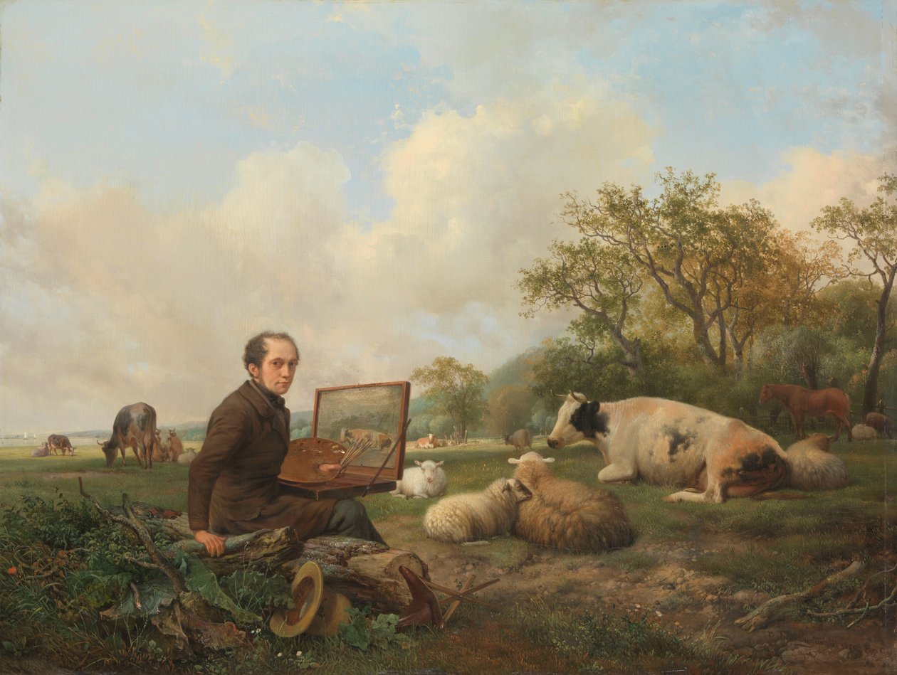 Kunstneren maler en ko på en eng af Hendrikus van de Sande Bakhuyzen (signed by artist)