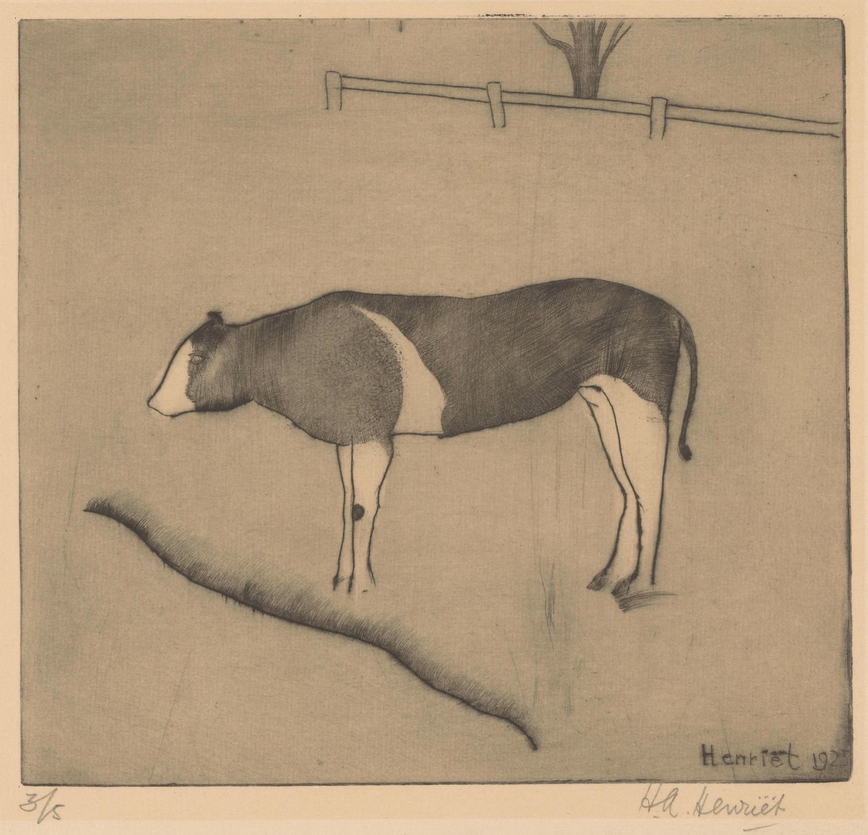 Ko stående ved en bank af Henk Henriët (signed by artist)