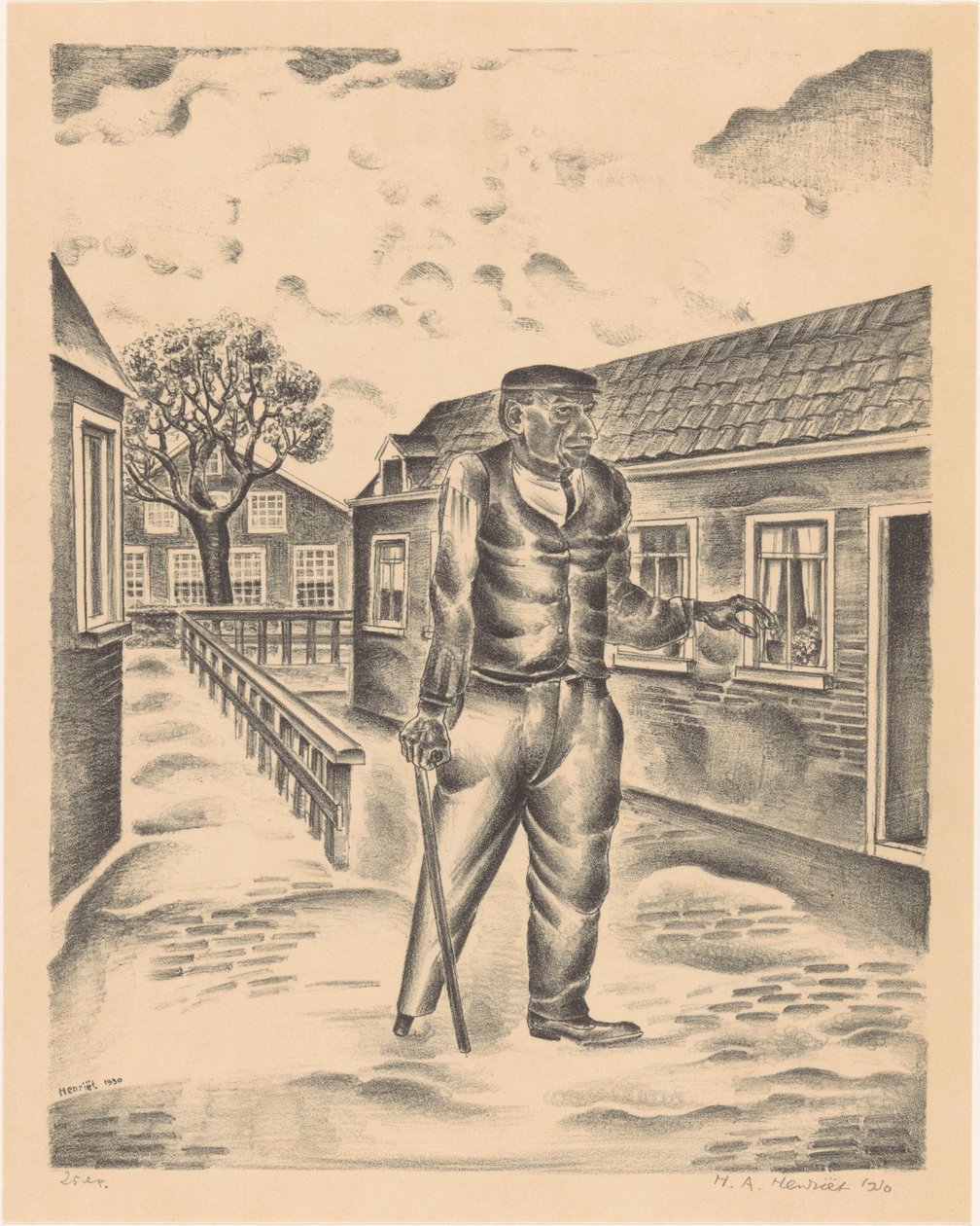 Mand med træben og spadserestok af Henk Henriët (signed by artist)