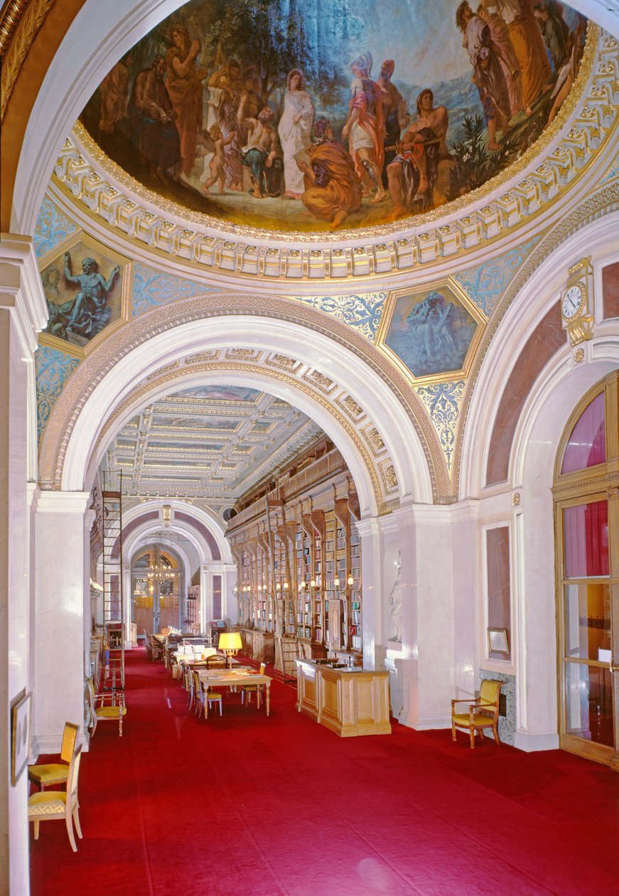Bibliotekets indre med en kuppel malet af Eugene Delacroix (1798-1863) i 1847, 1836-41 af Henri Alphonse de Gisors