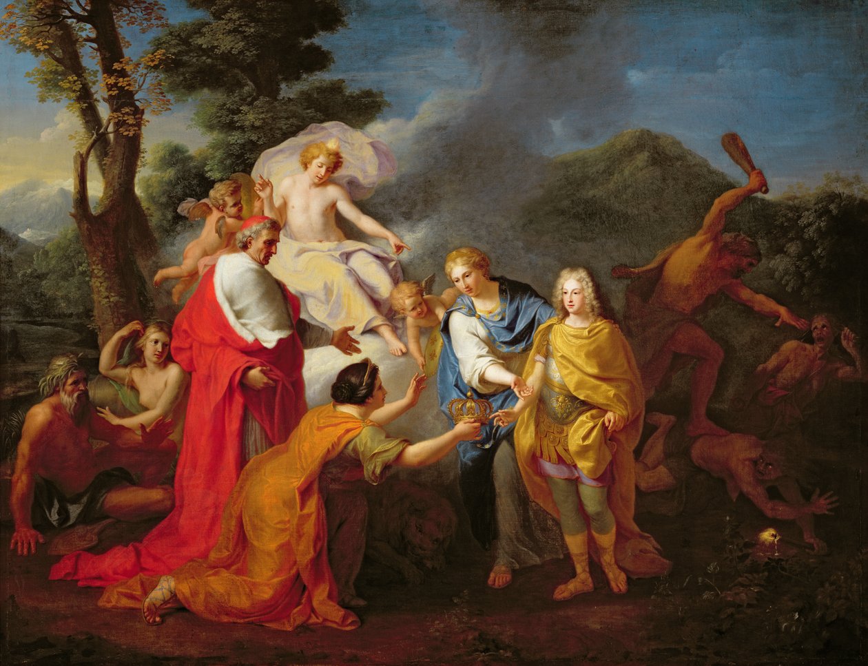 Allegori over anerkendelsen af Philippe de France (1683-1746), hertug af Anjou, som konge af Spanien, 24. november 1700, før 1704 af Henri Antoine de Favanne