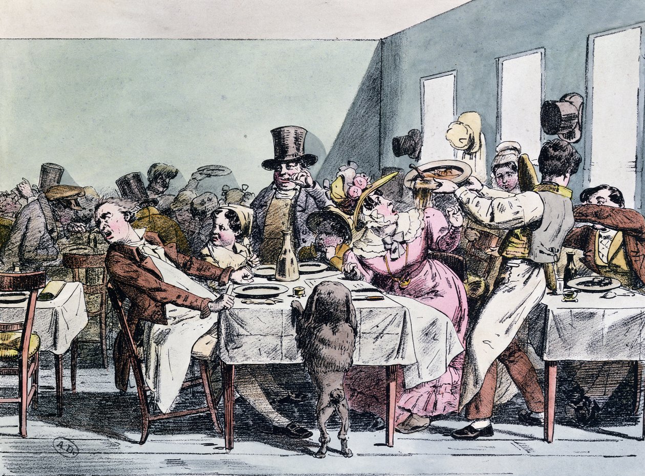 Dejlig oplevelse af en familie i en overfyldt restaurant, ca. 1860 af Henri Bonaventure Monnier