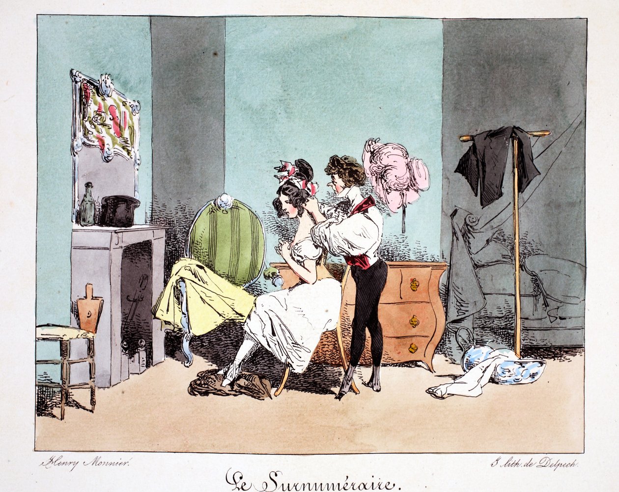 Le Surnumeraire, ca. 1828 (håndkoloreret litho) af Henri Bonaventure Monnier