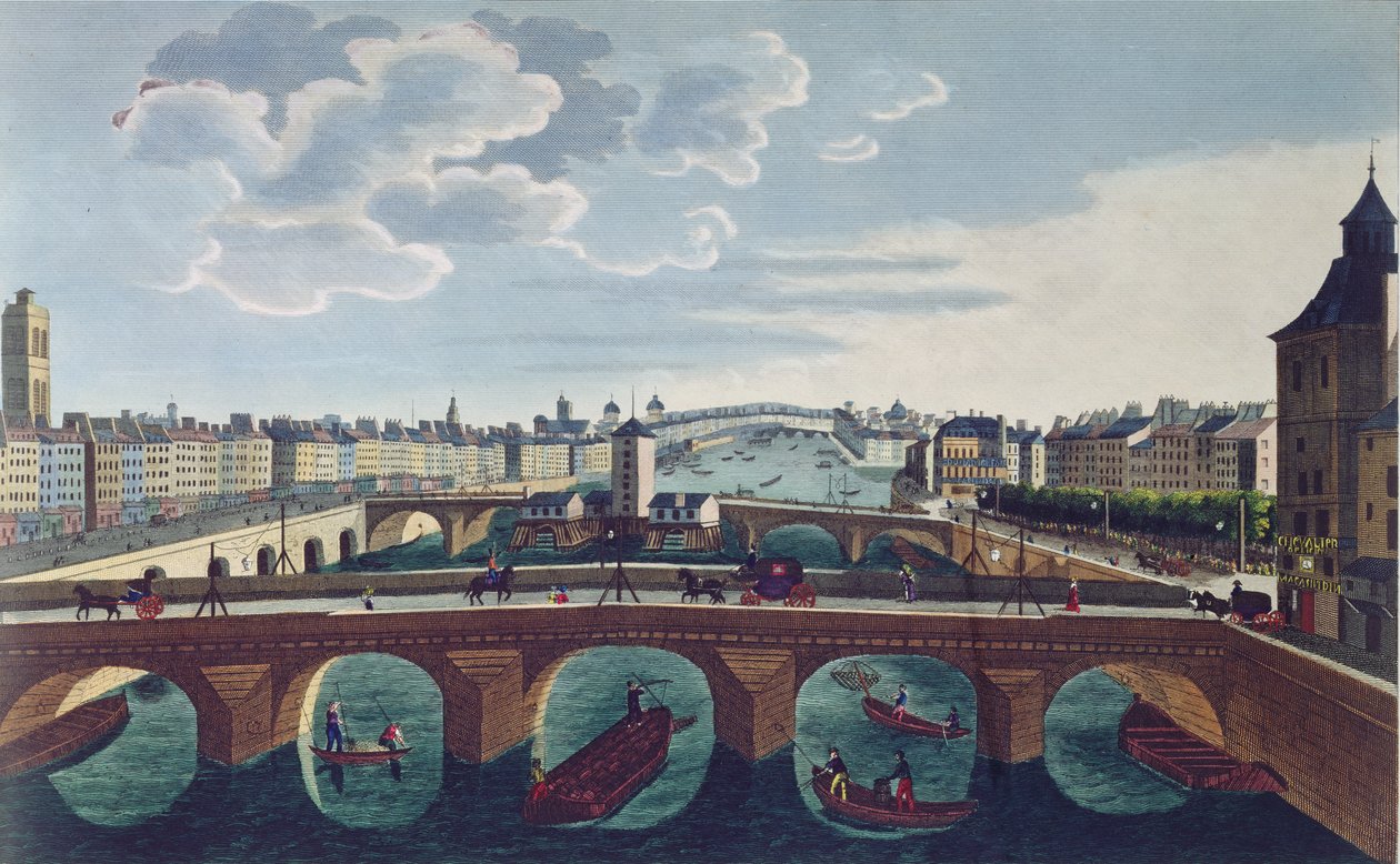 Pont au Change og Pont Notre Dame, ca. 1815-20 (farvegravering) af Henri Courvoisier Voisin