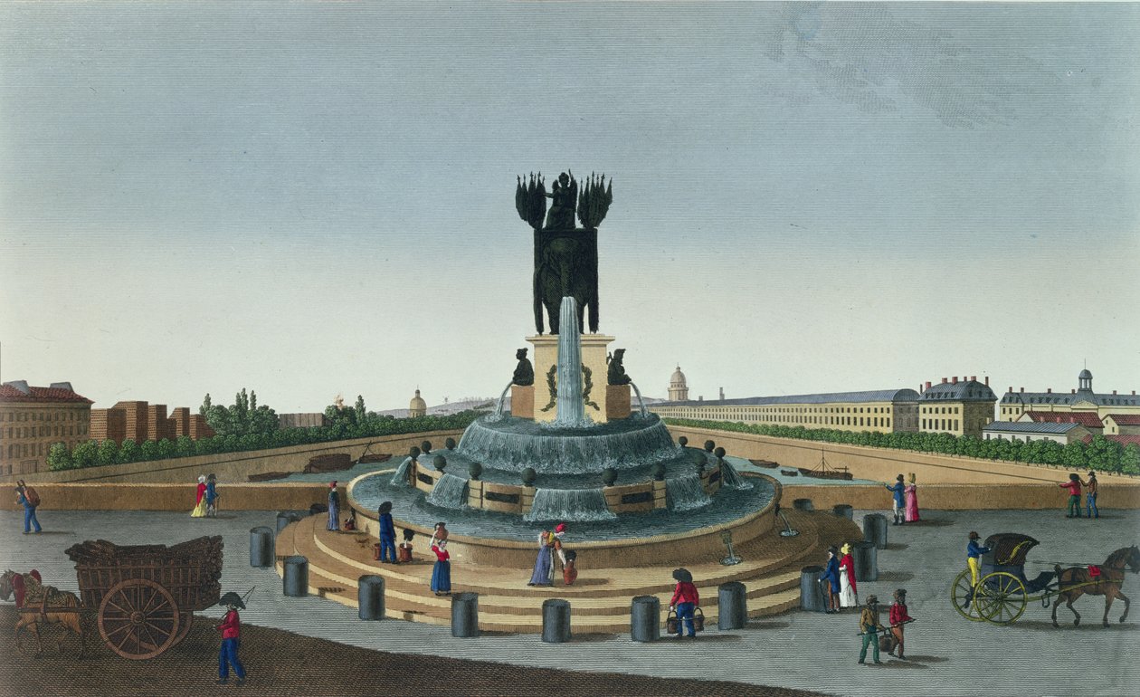 Elefantfontænen på Place de la Bastille, ca. 1815-20 (farvestik) af Henri Courvoisier Voisin