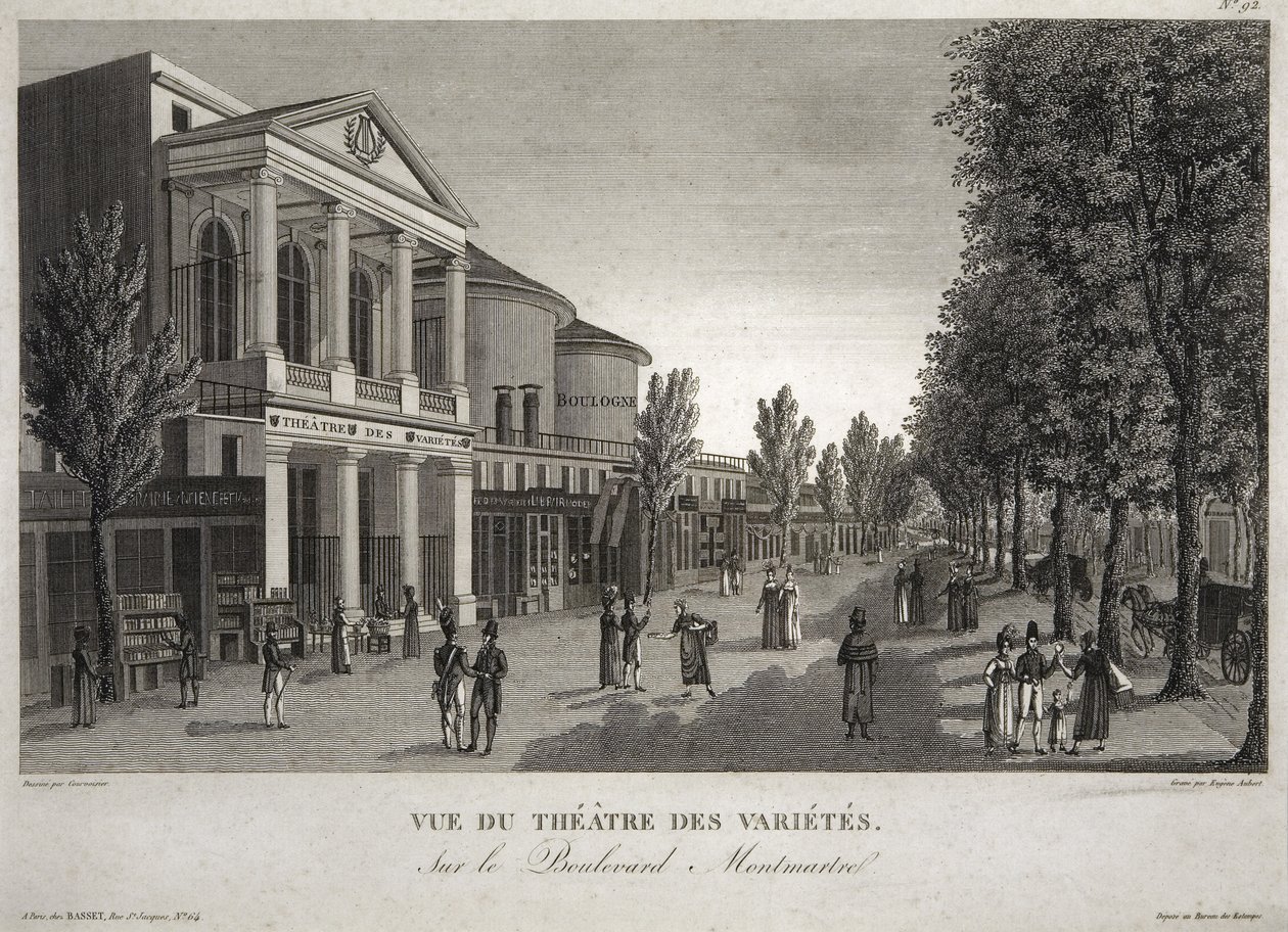 Theatre des Varietes, Boulevard Montmartre, Paris, indgraveret af Eugene Aubert (1789-1847) ca. 1810 af Henri Courvoisier Voisin