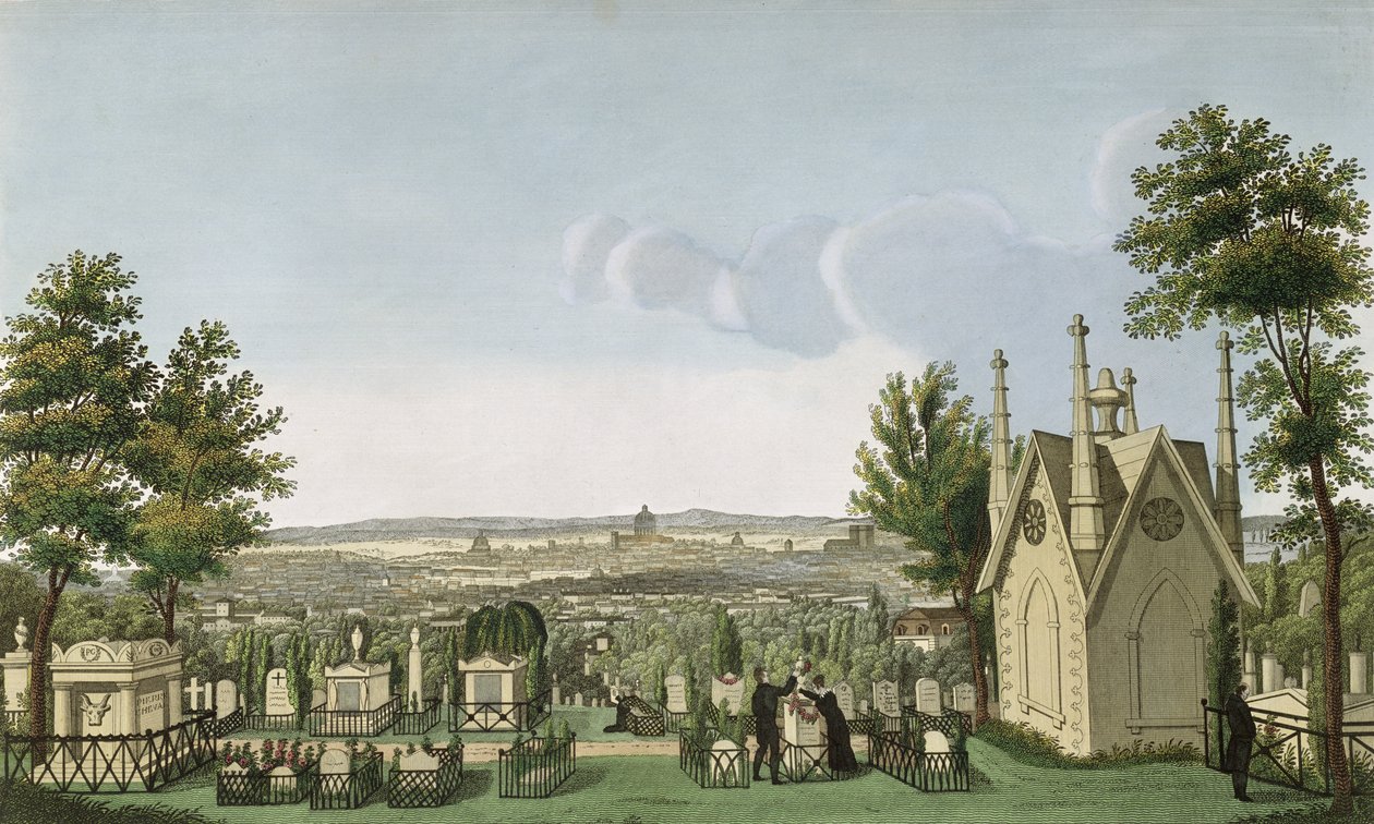 Udsigt over Pere-Lachaise kirkegård fra det gotiske kapel, indgraveret af Guiguet af Henri Courvoisier Voisin