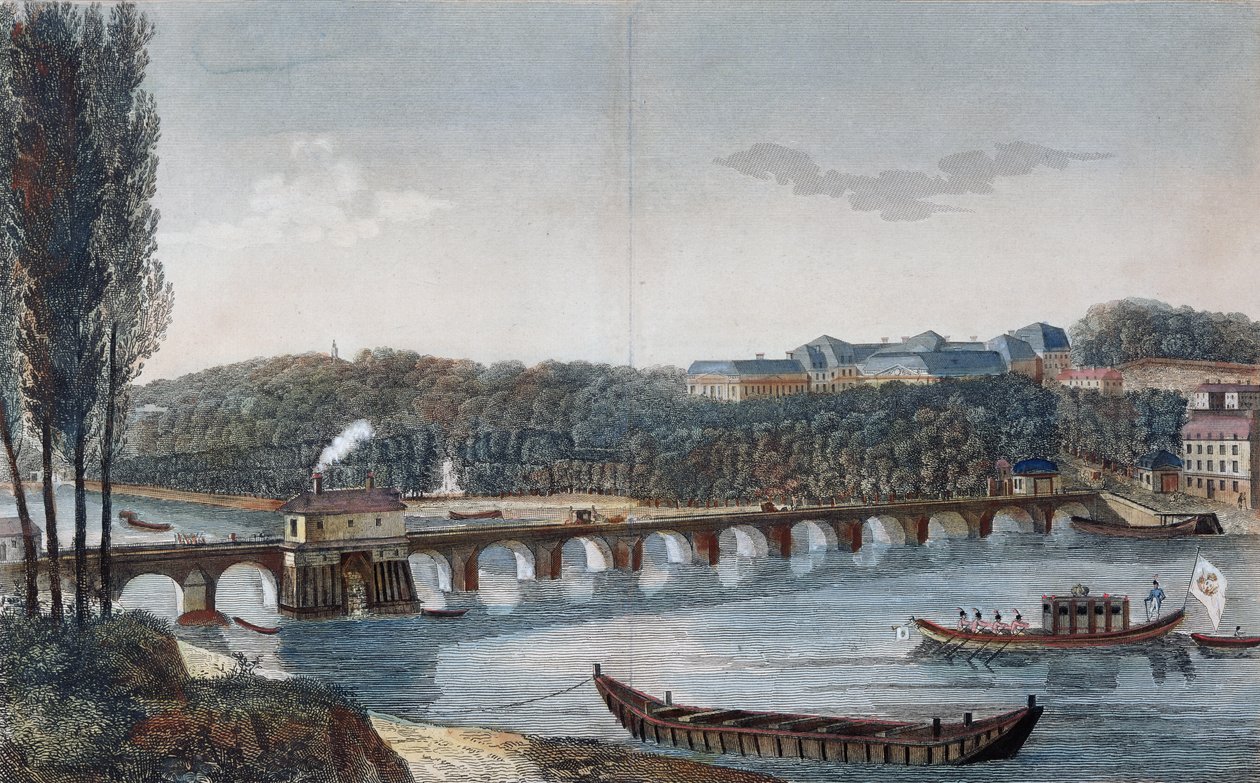 Udsigt over slottet og broen i Saint-Cloud af Henri Courvoisier Voisin