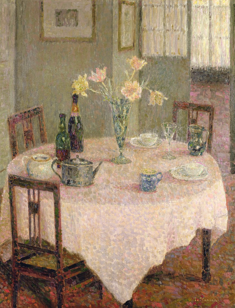 Interiør med en lyserød dug af Henri Eugene Augustin Le Sidaner