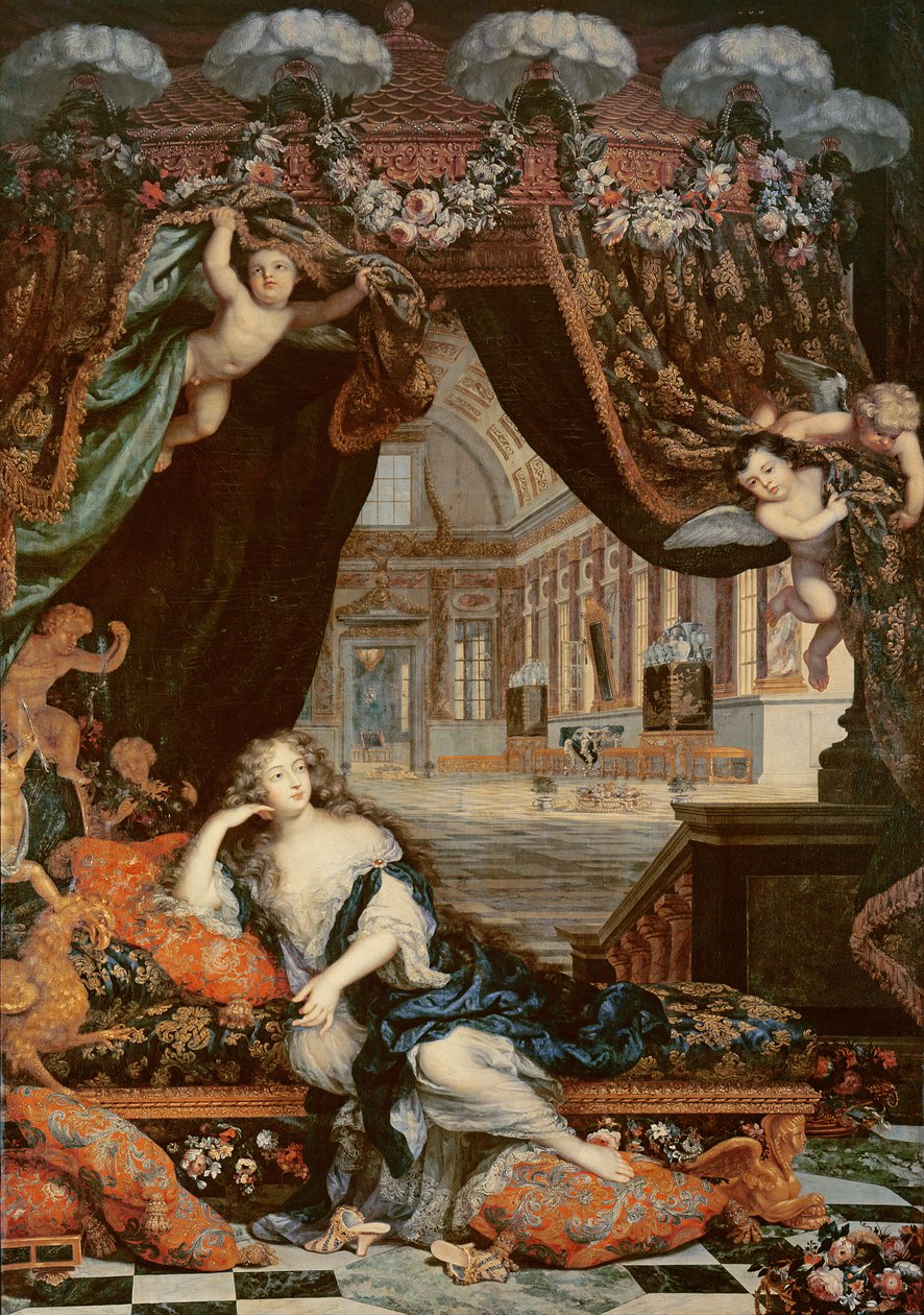 Portræt af Madame de Montespan (1640-1707) liggende foran galleriet på Chateau de Clagny af Henri Gascard