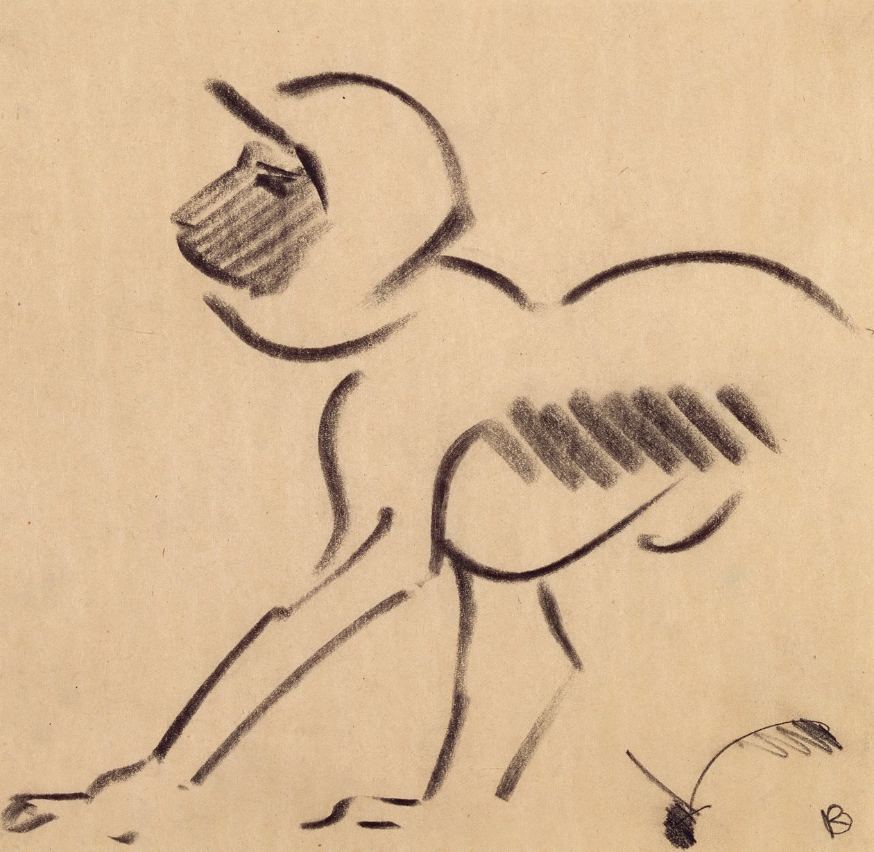 Crouching Monkey, ca. 1912-13 (sort kul på gråt vævet papir) af Henri Gaudier Brzeska