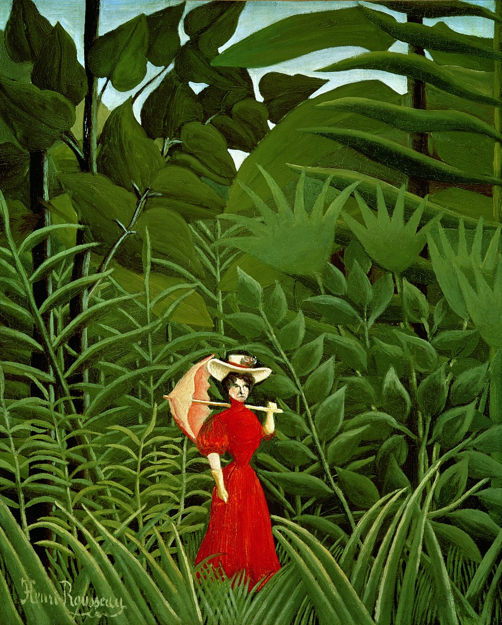 Kvinde i rødt i skoven, ca. 1907 af Henri Rousseau
