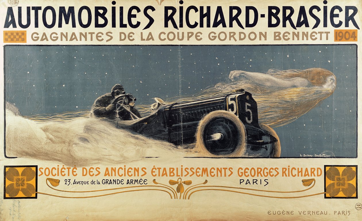 Plakat, der viser Automobiler Richard-Brasier, der vinder Gordon Bennett Cup, 1904 af Henri Jules Ferdinand Bellery Defonaines
