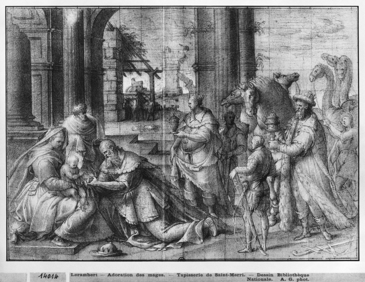 Kristi liv, tilbedelse af de hellige konger, forberedende studie til tapettegning til Saint-Merri-kirken i Paris, ca. 1585-90 (pierre noire und wash und white highlights på papir) af Henri Lerambert