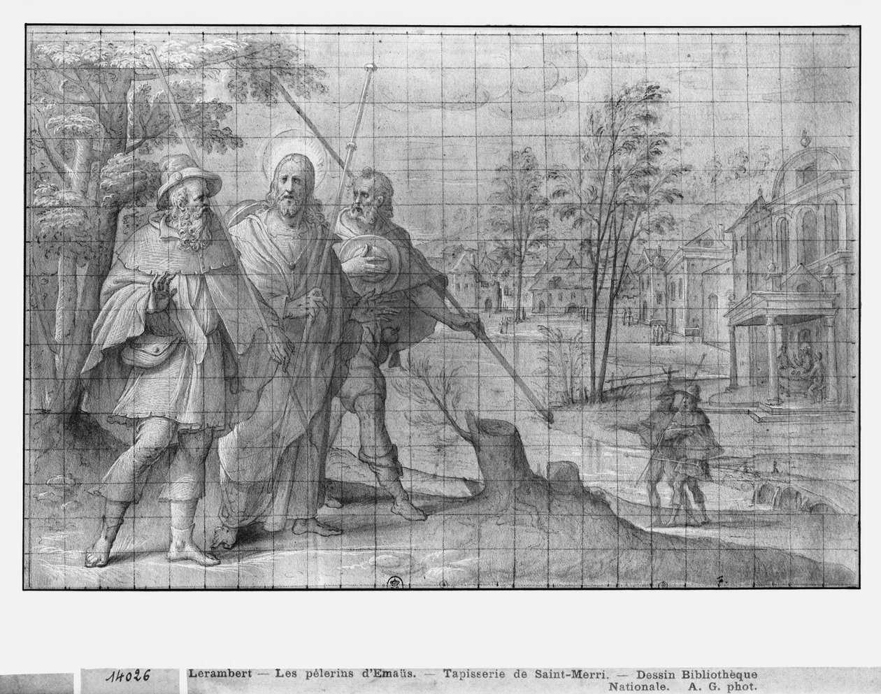 Kristi liv, Kristus på vejen til Emmaus, forberedende studie af billedtæppetegneserie til Saint-Merri-kirken i Paris, ca. 1585-90 (pierre noire und wash und white highlights on paper) af Henri Lerambert