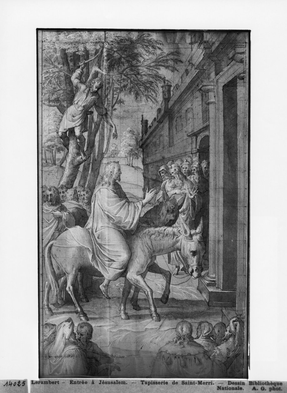 Kristi liv, Kristi indtog i Jerusalem, forberedende undersøgelse af billedtæppetegneserie for kirken Saint-Merri i Paris, ca. 1585-90 (pierre noire und wash und white highlights på papir) af Henri Lerambert