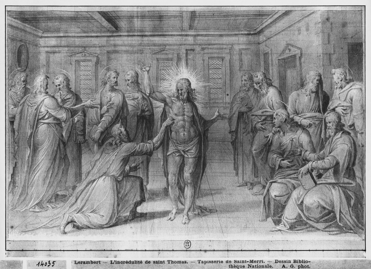 Life of Christ, Incredulity of St. Thomas, forberedende studie af billedtæppe tegneserie for Church Saint-Merri i Paris, ca. 1585-90 (pierre noire und wash und white highlights on paper) af Henri Lerambert
