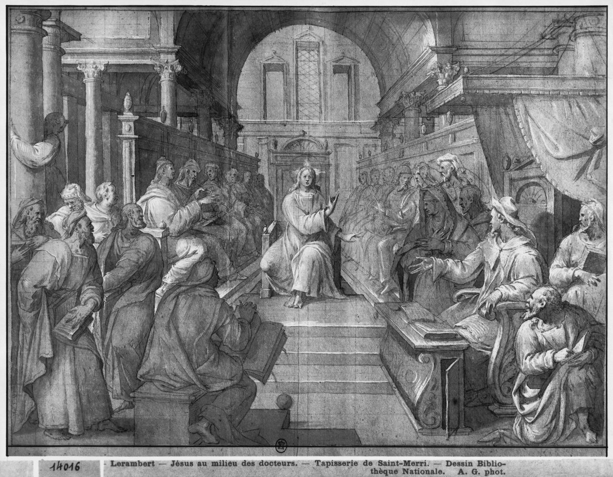 Life of Christ, Jesus among the Doctors, forberedende studie af billedtæppetegneserie til Saint-Merri-kirken i Paris, ca. 1585-90 (pierre noire und wash und white highlights on paper) af Henri Lerambert