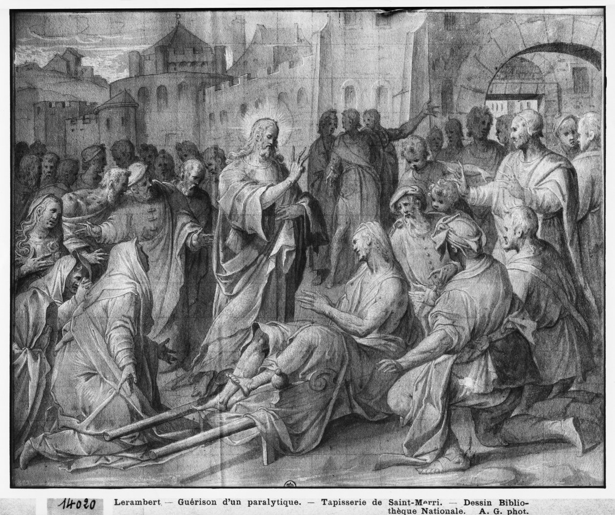 Life of Christ, Jesus helbreder en lam i Kapernaum, forberedende undersøgelse af billedtæppetegneserie for kirken Saint-Merri i Paris, ca. 1585-90 (pierre noire und wash und white highlights on paper) af Henri Lerambert
