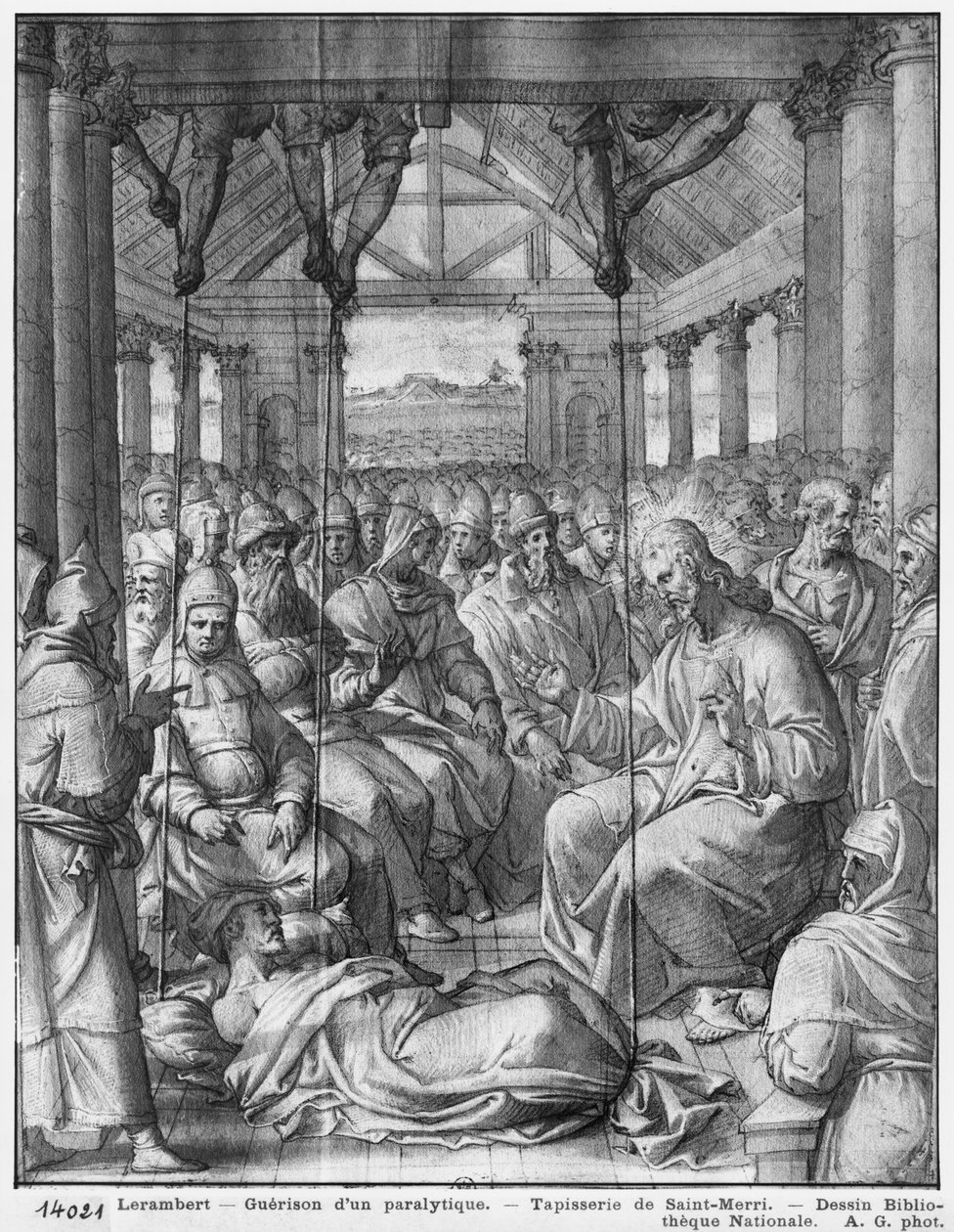Life of Christ, Jesus helbreder en lam i Kapernaum, forberedende undersøgelse af billedtæppetegneserie for kirken Saint-Merri i Paris, ca. 1585-90 (pierre noire und wash und white highlights on paper) af Henri Lerambert