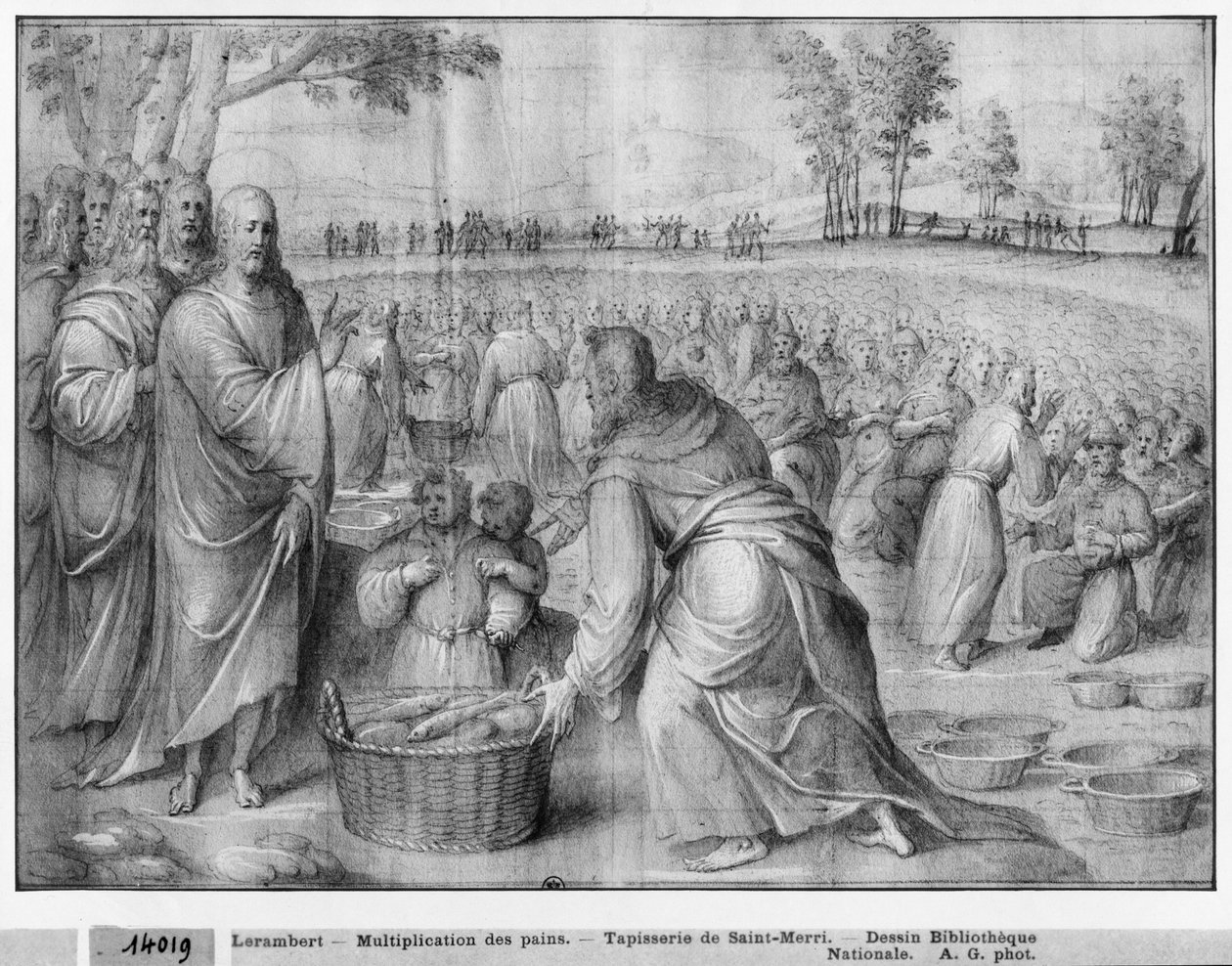 Kristi liv, formering af brød og fisk, forberedende undersøgelse af billedtæppe tegneserie for kirken Saint-Merri i Paris, ca. 1585-90 (pierre noire und wash und hvide højlys på papir) af Henri Lerambert