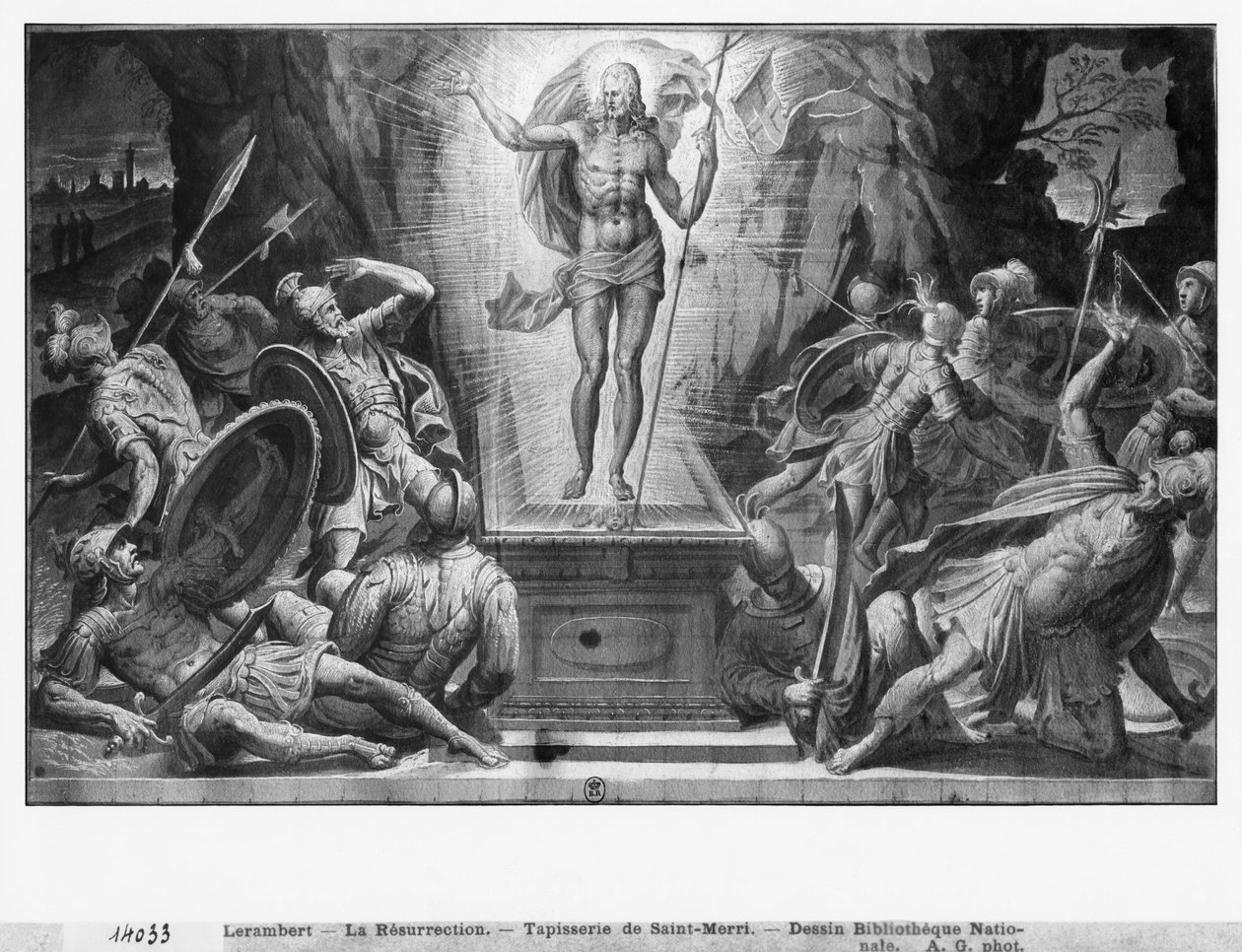 Life of Christ, Resurrection of Christ, forberedende undersøgelse af billedtæppetegneserie for kirken Saint-Merri i Paris, ca. 1585-90 (pierre noire und wash und white highlights on paper) af Henri Lerambert