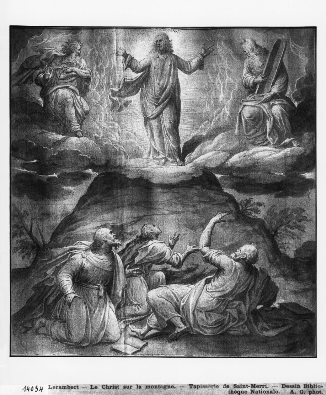 Kristi liv, Kristi forvandling på Tabor-bjerget, forberedende studie af billedtæppetegneserie for kirken Saint-Merri i Paris, ca. 1585-90 (pierre noire und wash und hvide højlys på papir) af Henri Lerambert