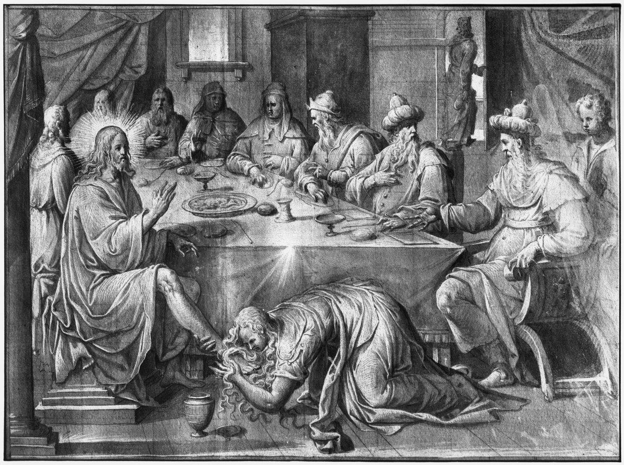 Kristi liv, måltidet i Simon Farisæerens hus, forberedende studie af billedtæppetegneserie for kirken Saint-Merri i Paris, ca. 1585-90 (pierre noire und wash und hvide højlys på papir) af Henri Lerambert
