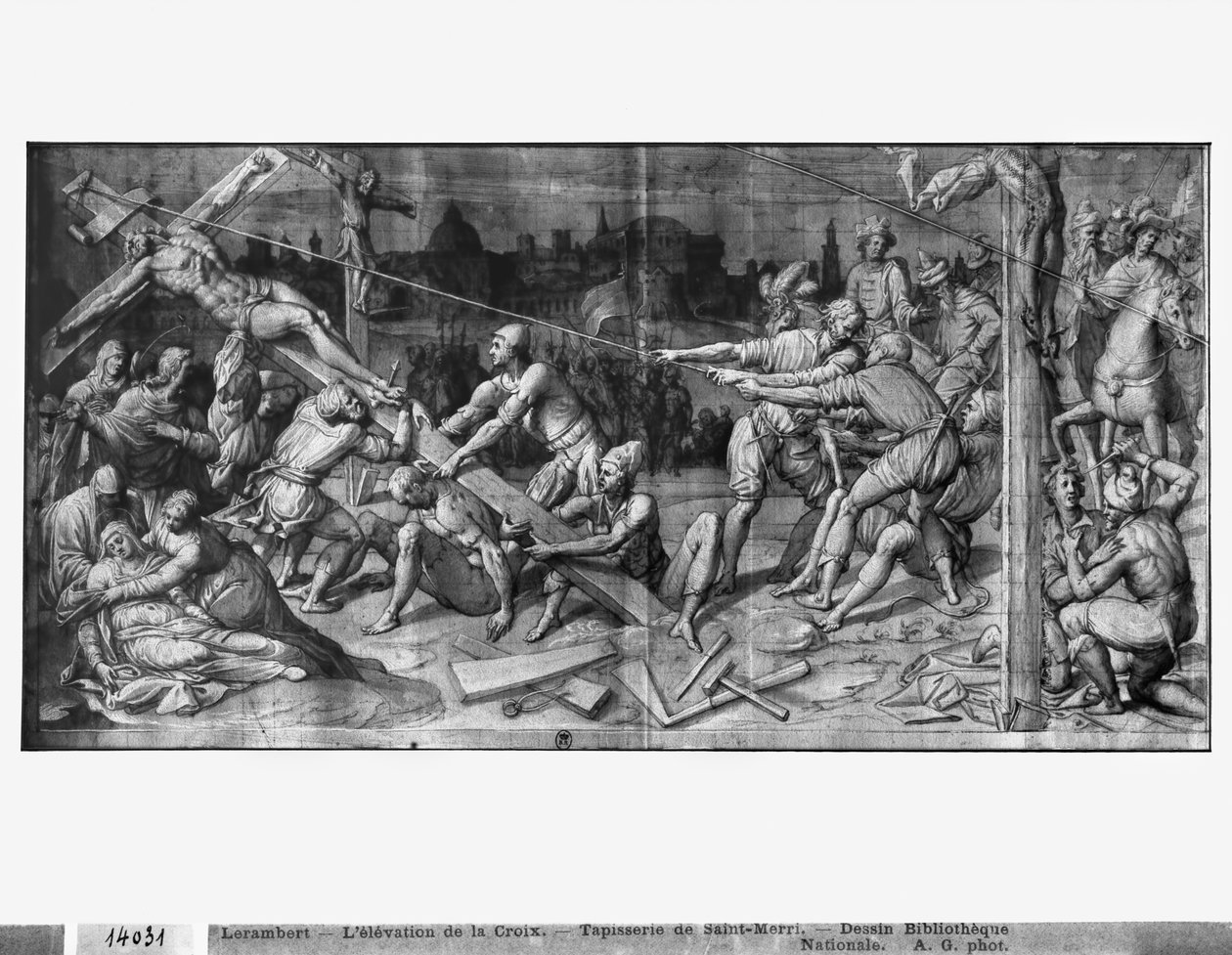Life of Christ, the Raising of the Cross, forberedende studie af billedtæppetegneserie til Saint-Merri-kirken i Paris, ca. 1585-90 (pierre noire und wash und white highlights on paper) af Henri Lerambert