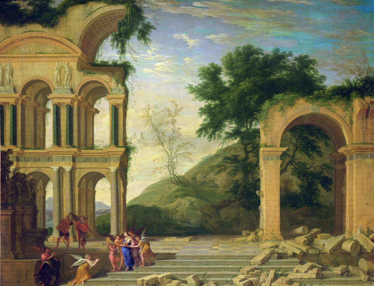 Landskab med resten på flugten til Egypten, 1671 af Henri Mauperche