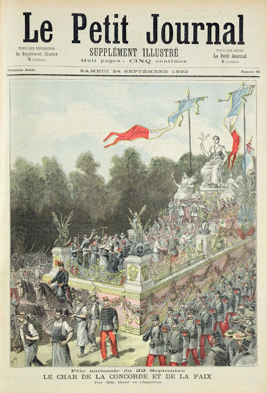 Titelside, der viser den nationale helligdag den 22. september, der fejrer hundredeåret for proklamationen af republikken, illustration fra det illustrerede supplement til Le Petit Journal, 24. september af Henri Meyer