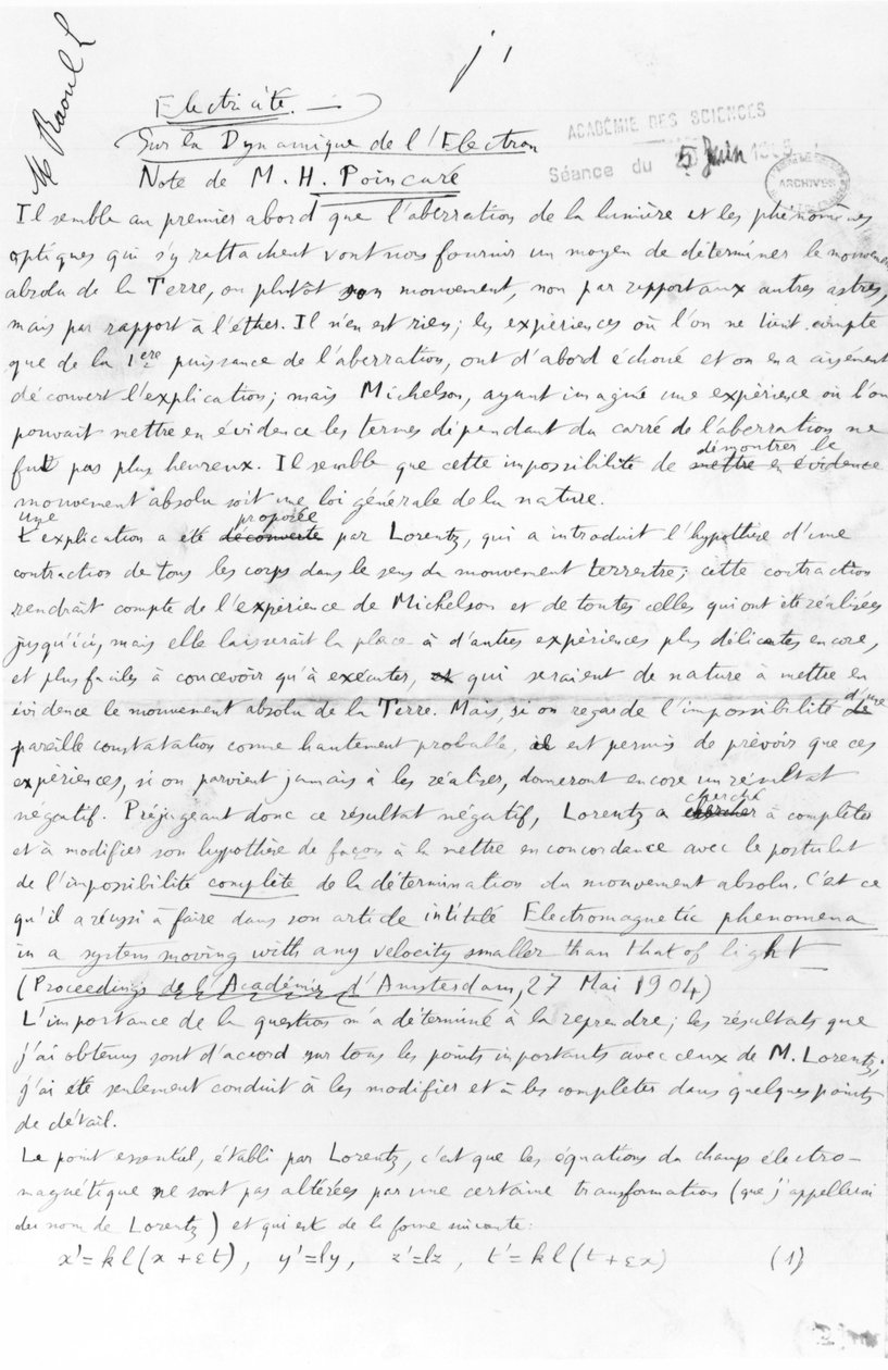 Manuskript om elektrondynamik, 5. juni 1905 (pen og blæk på papir) af Henri Poincare