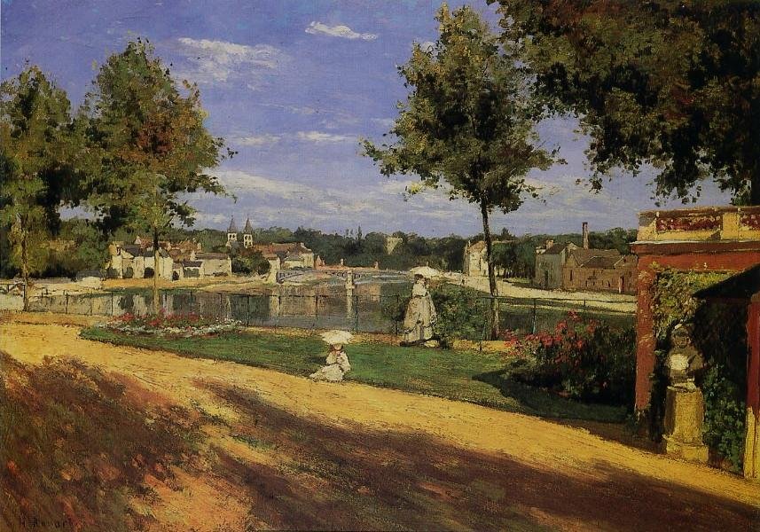 Terrasse på bredden af ​​Seinen ved Melunn Francais: La terrasse au bord de la Seine a Melun. I baggrunden La Maison centrale de Melun på lile Saint-Etienne. Vi kan se nogle fabrikker i Vaux-le-Penil på højre bred af Seinen og i baggrunden kan vi komme ind af Henri Rouart