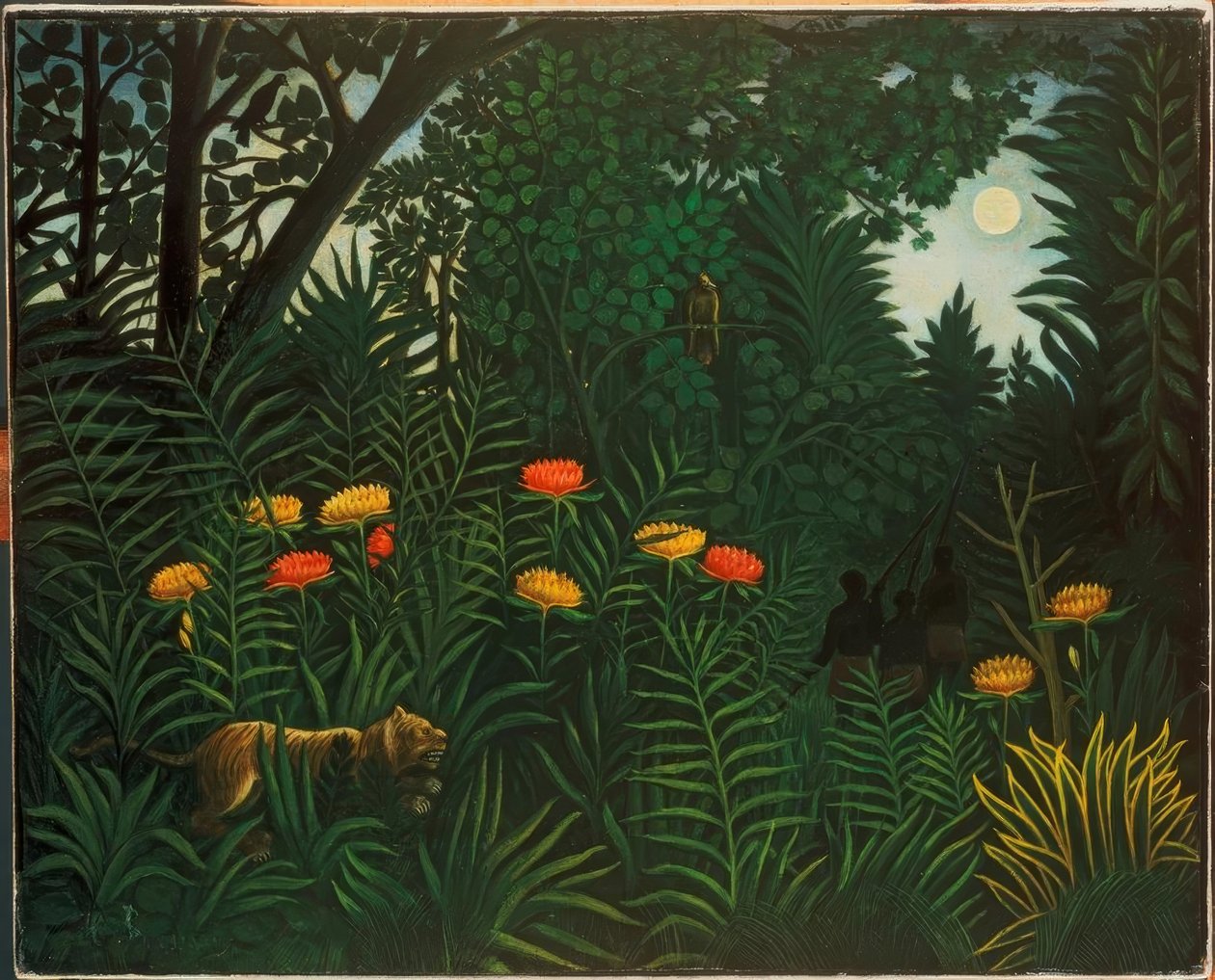 Eksotisk landskab med tigre og jægere af Henri Rousseau