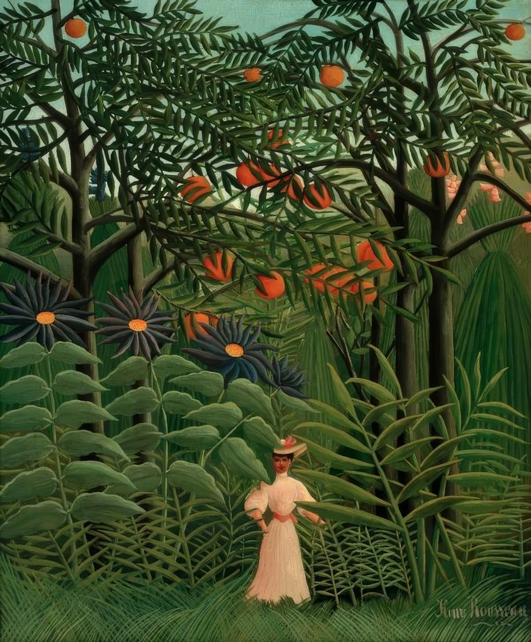 Kvinde går i en eksotisk skov af Henri Rousseau