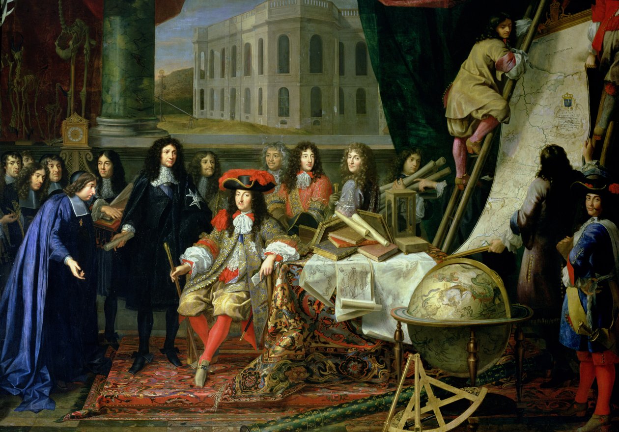 Jean-Baptiste Colbert (1619-83) Præsenterer medlemmerne af Royal Academy of Science for Louis XIV (1638-1715) ca. 1667 (detaljeret) (se også 104626) af Henri Testelin