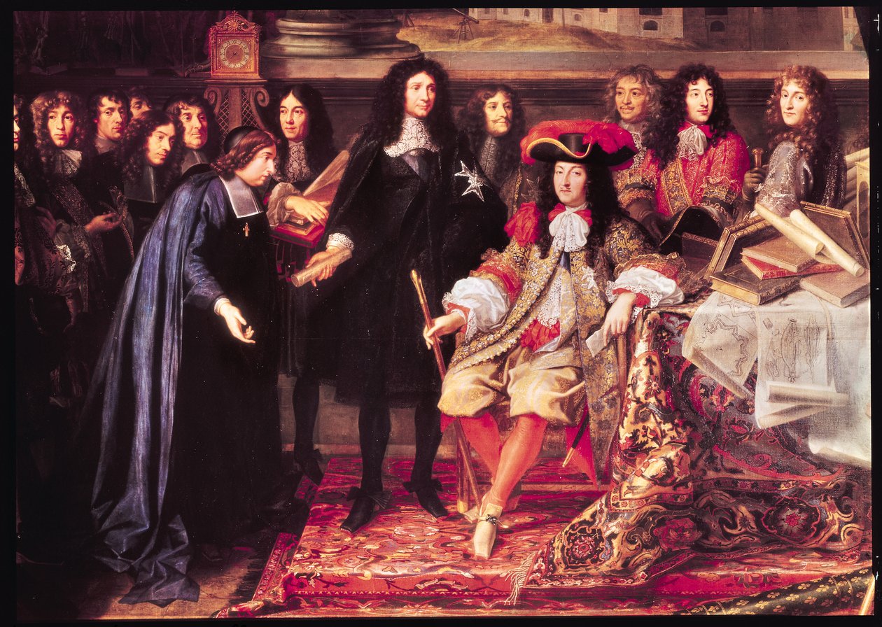 Jean-Baptiste Colbert (1619-83) Præsenterer medlemmerne af Det Kongelige Videnskabsakademi til Ludvig XIV (1638-1715) detaljer om den centrale del, ca. 1667 af Henri Testelin