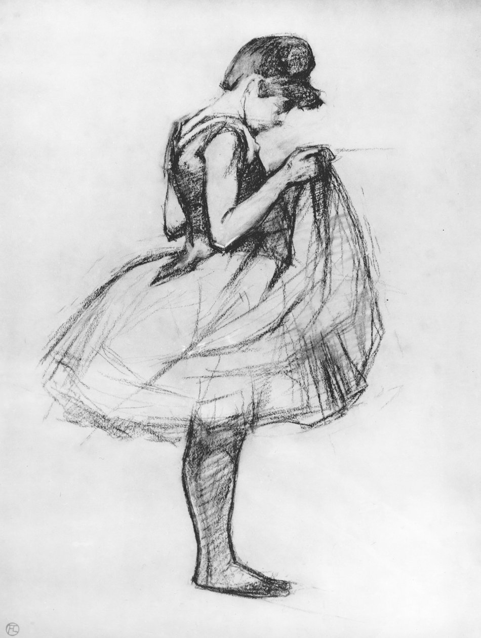Danser, der tilpasser sit kostume og spænder sin nederdel, 1889 (kul på papir) af Henri de Toulouse Lautrec