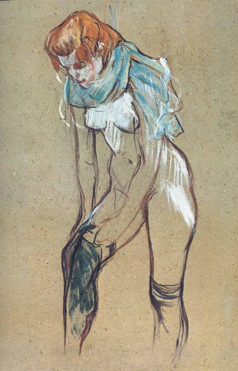 Kvinde tager strømper på af Henri de Toulouse Lautrec