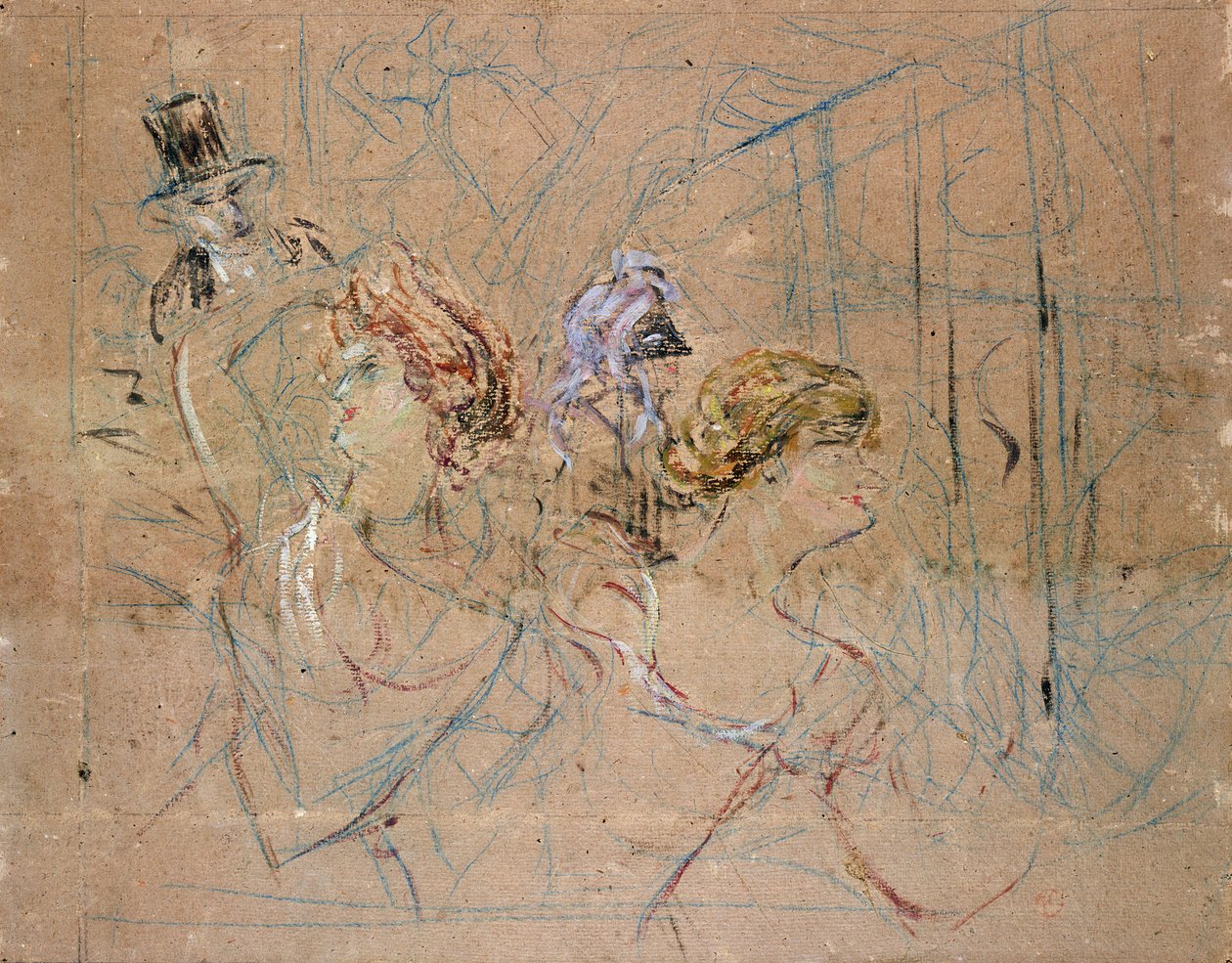 Skitse til "At the Masked Ball", ca.1892 (farveblyant på papir) af Henri de Toulouse Lautrec