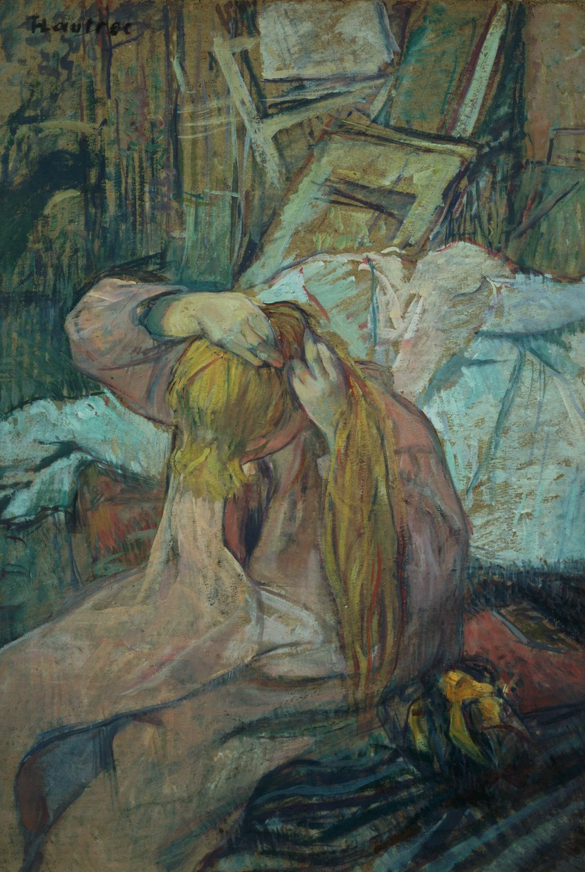 Kvinde, der ordner sit hår, 1891 (olie på karton) af Henri de Toulouse Lautrec