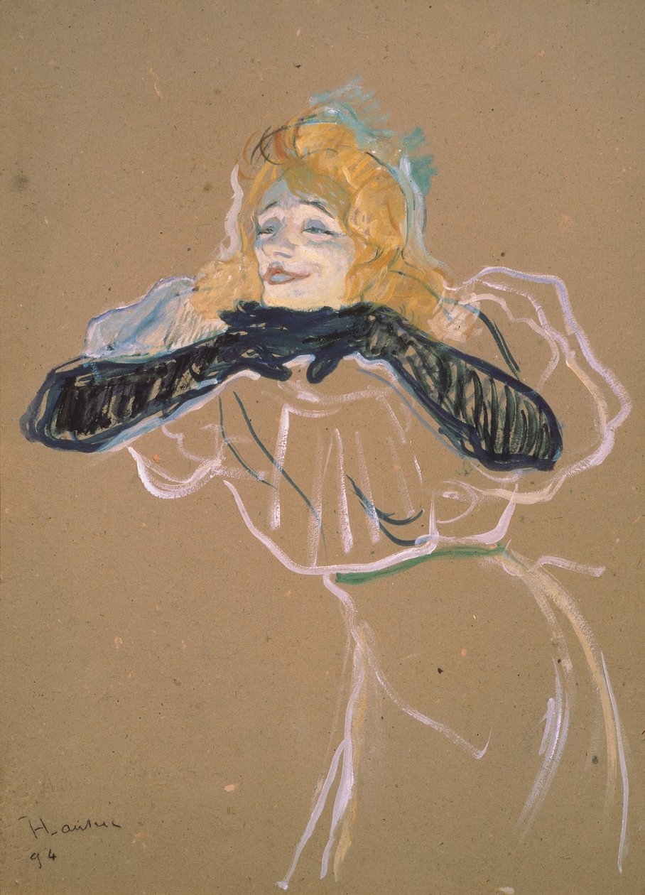 Yvette Guilbert (1867-1944) synger "Linger, Longer, Loo", 1894 (olie på karton) af Henri de Toulouse Lautrec
