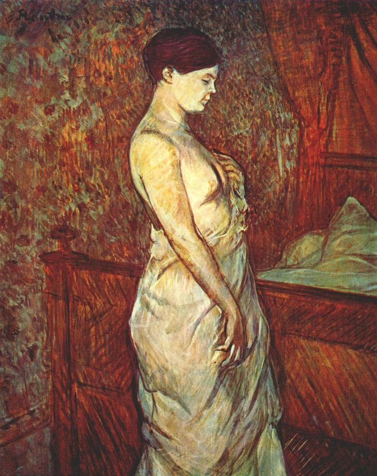 Mme -duellen ved sengetid i skjorte ved hendes seng af Henri de Toulouse Lautrec