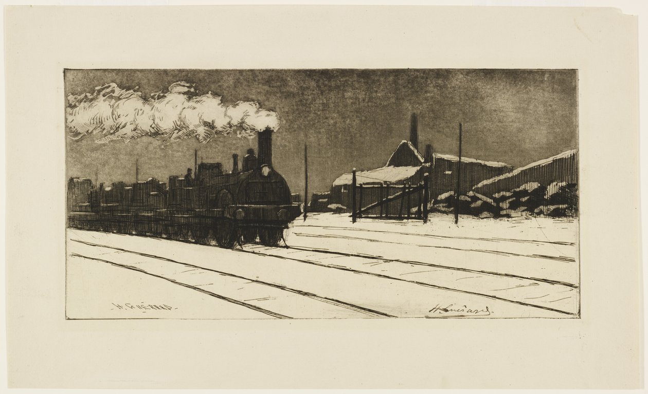 Lokomotiv, sneeffekt, ca. 1888 (ætsning og akvatinte) af Henri Charles Guérard