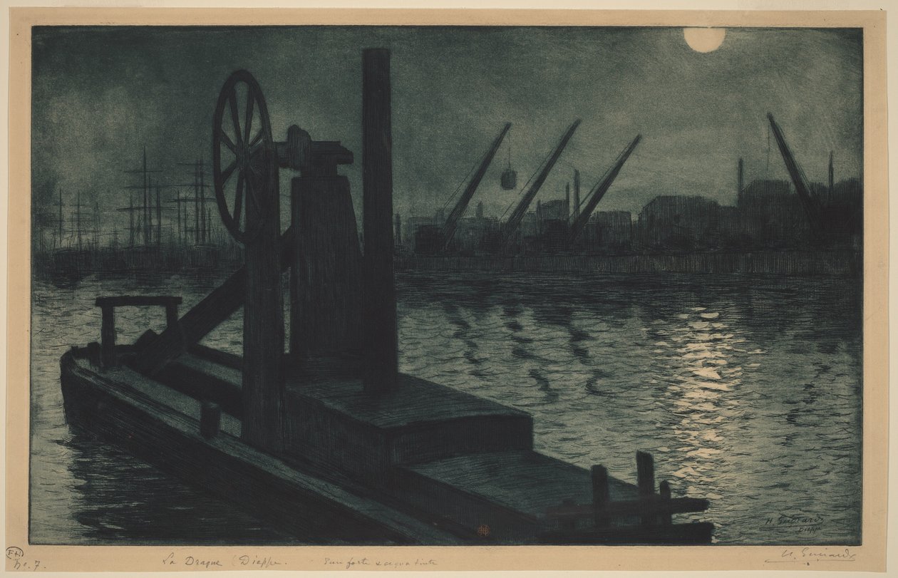 Muddermaskinen i Dieppe, en muddermaskine i Dieppes havn i måneskin af Henri-Charles Guérard